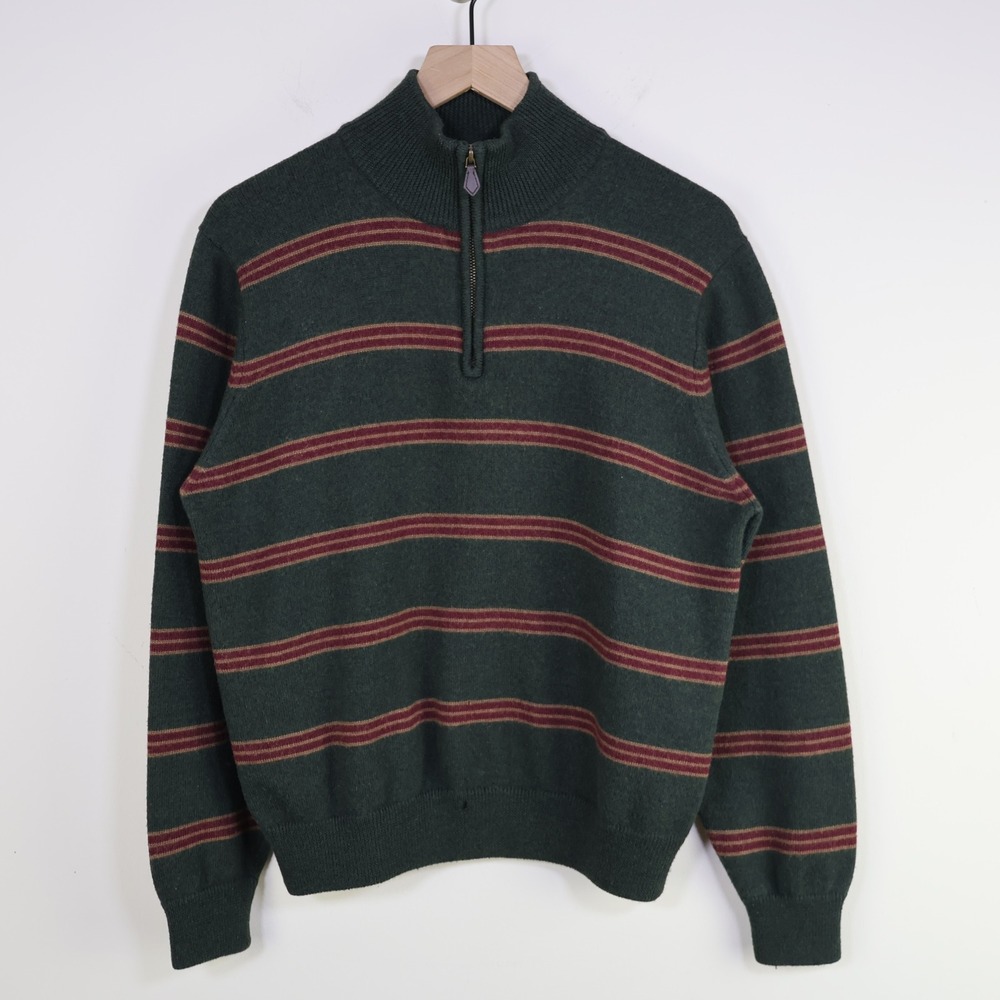 Brooks Brothers 346 Merino Wool‎ Quarter Zip Sweater Medium Green Striped Preppy